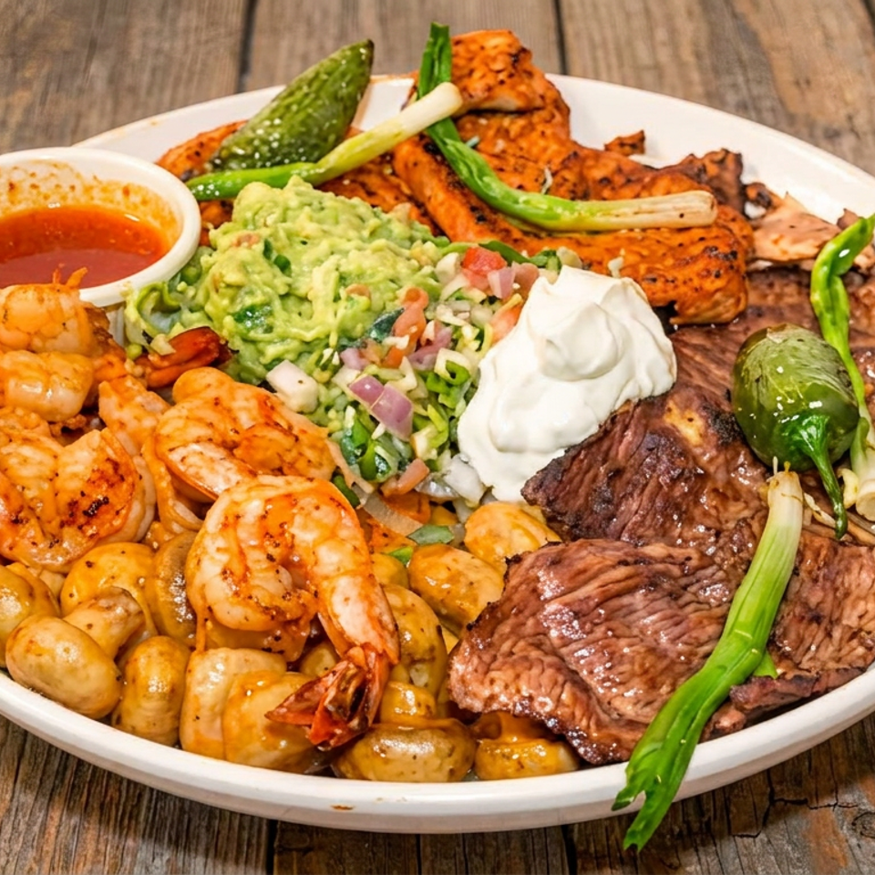 Grilled shrimp, steak, vegetables, potatoes, guacamole, salsa, sour cream, and dipping sauce arranged on a platter.