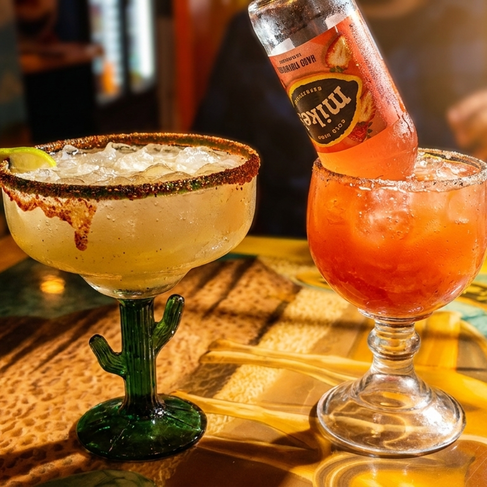 Two colorful cocktails sit on a restaurant table, including a chili-rimmed margarita and an orange drink with an upside-down beer bottle.