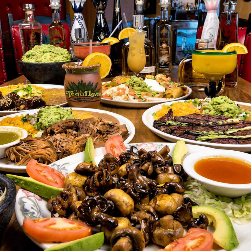 A festive Mexican restaurant table displays grilled meats, mushrooms, guacamole, colorful cocktails, tequila bottles, and red branded chairs.
