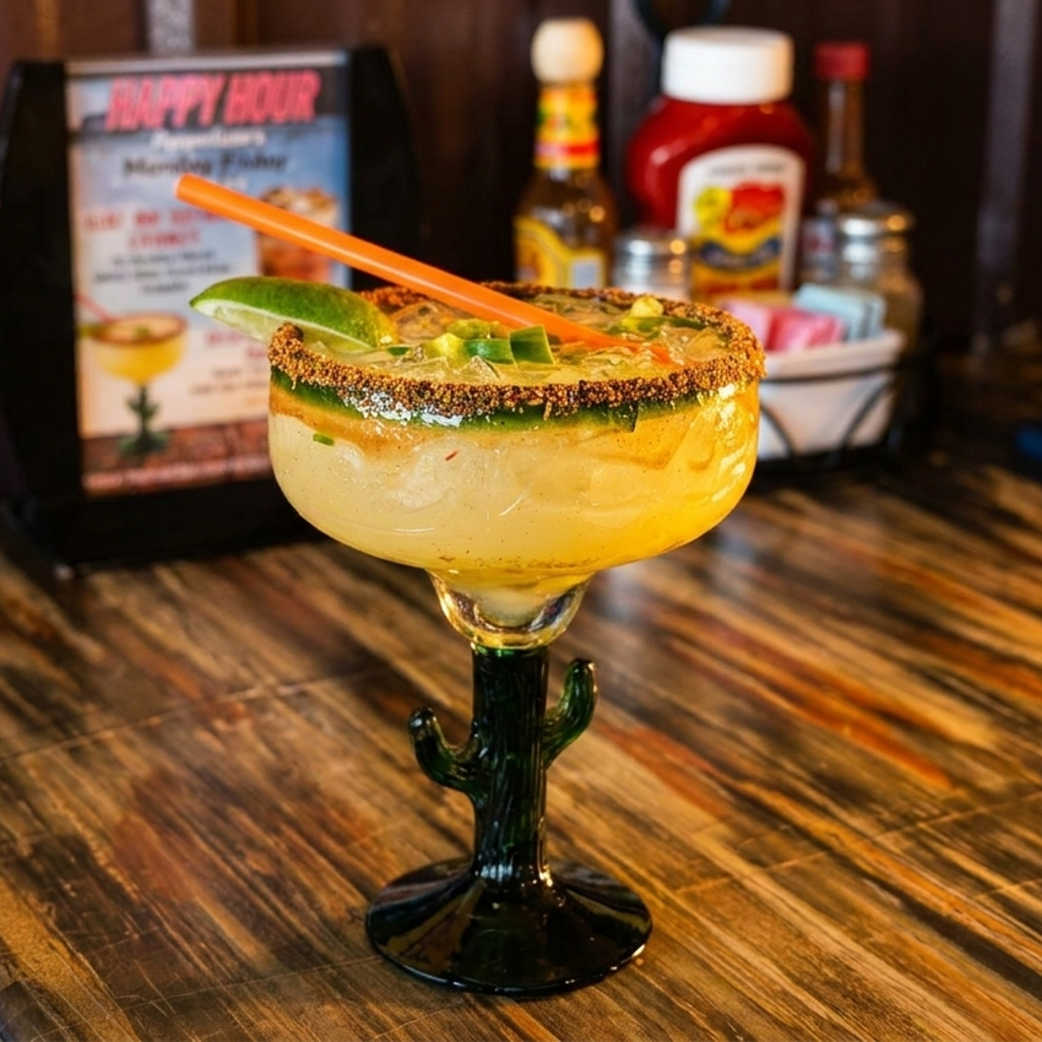 Margarita with a chili-salt rim, lime wedge, and orange straw in a cactus-shaped glass on a rustic wooden table.