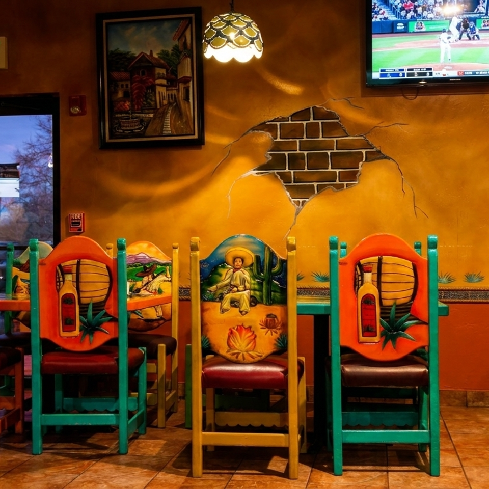 Colorful Mexican restaurant dining area with painted wooden chairs, cracked adobe-style walls, framed artwork, and a television showing baseball.