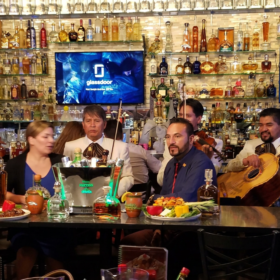 Mariachi musicians perform behind a restaurant bar stocked with liquor bottles, while diners enjoy Mexican food and drinks.