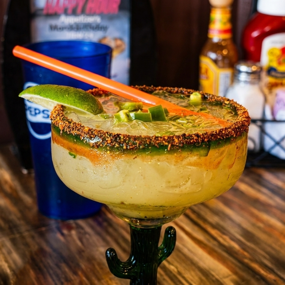 Large margarita with a chili-salt rim, lime wedge, cucumber garnish, and orange straw in a cactus-shaped glass.