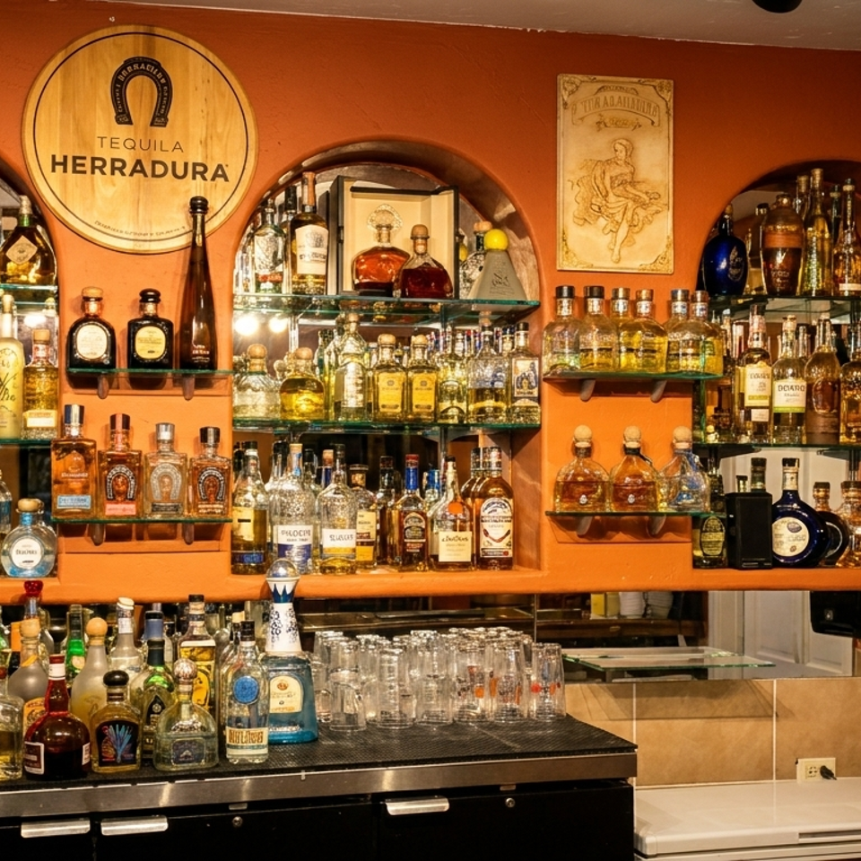 Well-stocked bar with shelves of tequila and liquor bottles, glassware, orange walls, and a prominent Tequila Herradura sign.