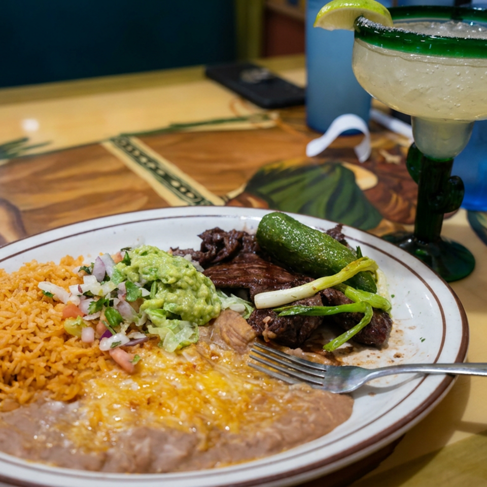 Mexican meal with rice, refried beans, grilled steak, guacamole, onions, and peppers beside a lime-garnished margarita.