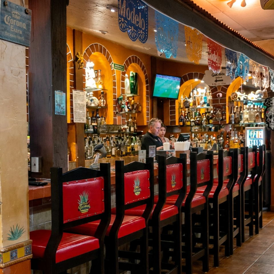 Colorful Mexican restaurant bar with red leather stools, liquor shelves, televisions, and a chalkboard advertising daily specials.