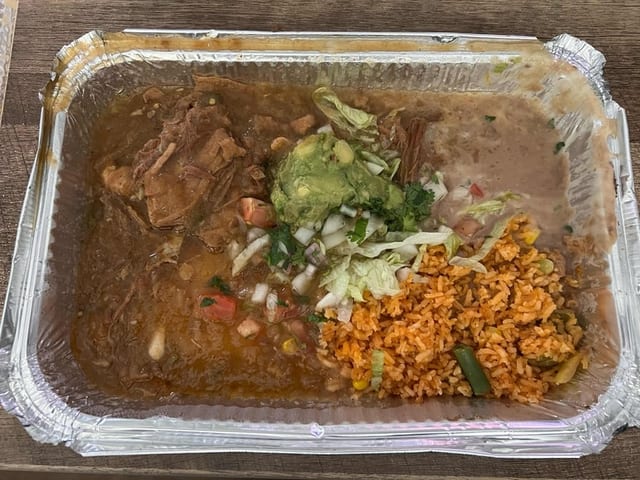 5. Green Chili Plate with Rice and Beans.